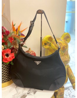 (LIKE NEW) PRADA BLACK ZIP HOBO TESSUTO WITH LEATHER 