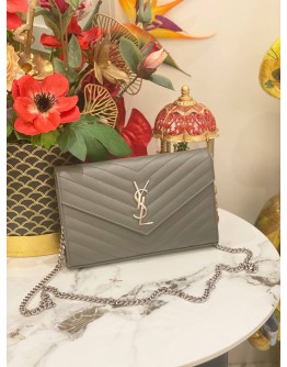 (LIKE NEW)YSL SAINT LAURENT CASSANDRA LEATHER CHAIN WALLET IN GREY SHW -FULL SET-