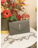 (LIKE NEW)YSL SAINT LAURENT CASSANDRA LEATHER CHAIN WALLET IN GREY SHW -FULL SET-