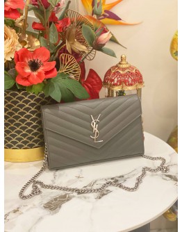(LIKE NEW)YSL SAINT LAURENT CASSANDRA LEATHER CHAIN WALLET IN GREY SHW -FULL SET-