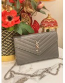 (LIKE NEW)YSL SAINT LAURENT CASSANDRA LEATHER CHAIN WALLET IN GREY SHW -FULL SET-