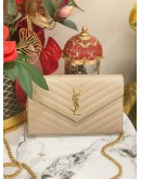 (LIKE NEW)YSL SAINT LAURENT CASSANDRA LEATHER CHAIN WALLET IN BEIGE GHW -FULL SET-