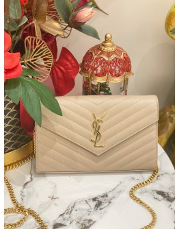 (LIKE NEW)YSL SAINT LAURENT CASSANDRA LEATHER CHAIN WALLET IN BEIGE GHW -FULL SET-