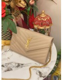 (LIKE NEW)YSL SAINT LAURENT CASSANDRA LEATHER CHAIN WALLET IN BEIGE GHW -FULL SET-
