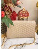 (LIKE NEW)YSL SAINT LAURENT CASSANDRA LEATHER CHAIN WALLET IN BEIGE GHW -FULL SET-