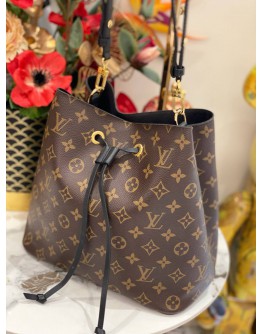 (LIKE NEW) LOUIS VUTTION NEONOE MM BUCKET BAG IN BROWN MONOGRAM CANVAS WITH BLACK LEATHER TRIM 