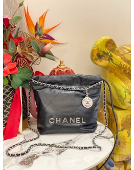 (LIKE NEW) MICROCHIP CHANEL 22 MINI BLACK CALFSKIN LEATHER TOTE SHOULDER CHAIN BAG 