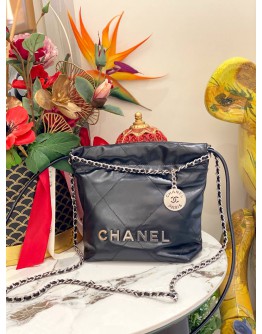 (LIKE NEW) MICROCHIP CHANEL 22 MINI BLACK CALFSKIN LEATHER TOTE SHOULDER CHAIN BAG 