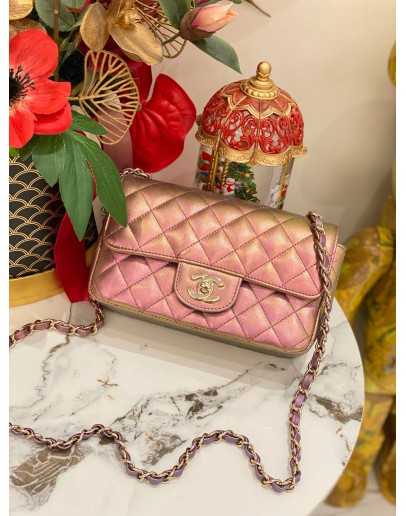 (LIKE NEW) CHANEL MINI RECTANGULAR IN IRIDES-CENT ROSE GOLD CALFSKIN LEATHER