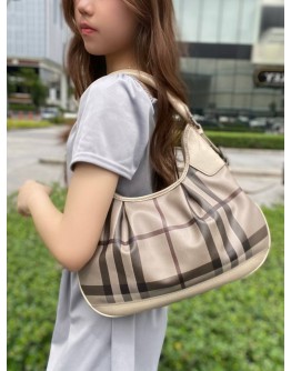 BURBERRY GREY SMOKE CHECK COATED CANVAS HOBO BAG