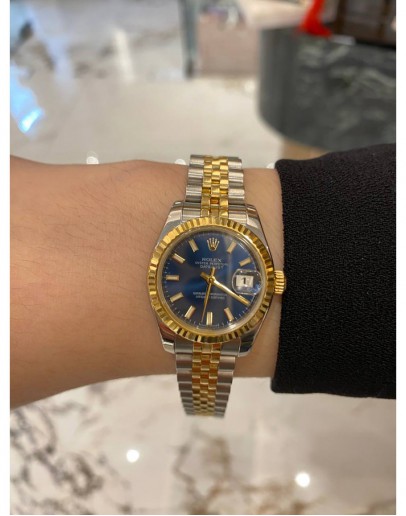 2015 ROLEX LADY-DATEJUST 26 REF 179173 HALF 18K 750 YELLOW GOLD BLUE DIAL 26MM AUTOMATIC WATCH FULL SET