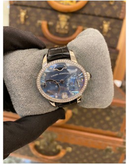 2018 GIRARD-PERREGAUX CAT’S EYE 18K 750 YELLOW GOLD DIAMOND BEZEL BLUE MOTHER OF PEARL DIAMOND DIAL MOON FACE 35MM AUTOMATIC WATCH