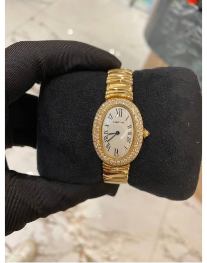 2013 CARTIER BAIGNOIRE BATHTUB FACTORY DIAMOND FULL 18K 750 YELLOW GOLD 31MM QUARTZ WATCH FULL SET