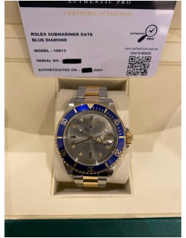 2001 ROLEX SUBMARINER REF 16613 DATE BLUE DIAMOND ICE GREY DIAL 40MM AUTOMATIC WATCH