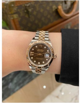 (UNUSED) 2022 ROLEX LADY DATEJUST REF 279171 HALF 18K 750 ROSE GOLD CHOCOLATE STAR DIAMOND DIAL 28MM AUTOMATIC WATCH FULL SET