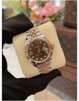 (UNUSED) 2022 ROLEX LADY DATEJUST REF 279171 HALF 18K 750 ROSE GOLD CHOCOLATE STAR DIAMOND DIAL 28MM AUTOMATIC WATCH FULL SET