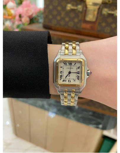 (LIKE NEW) 2010 CARTIER PANTHERE MM REF 187949 SS HALF 18K 750 YELLOW GOLD 28MM QUARTZ WATCH FULL SET