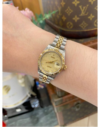 (LIKE NEW) ROLEX LADY DATEJUST REF 69173 HALF 18K 750 YELLOW GOLD CHAMPAGNE COMPUTER DIAMOND DIAL 26MM AUTOMATIC WATCH -FULL SET-