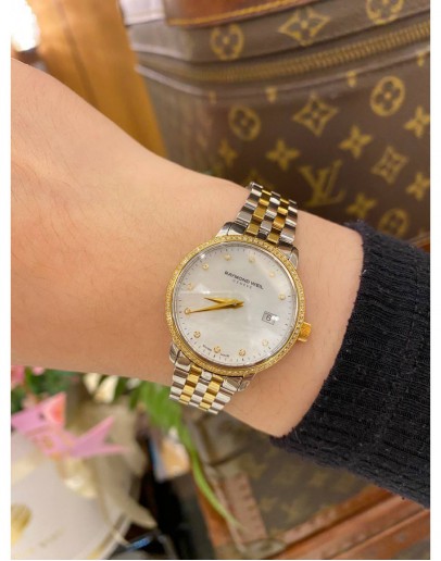 (LIKE NEW) 2023 RAYMOND WEIL TOCCATA HALF 18K 750 YELLOW GOLD MOTHER OF PEARL DIAMOND DIAL REF 5988-SP5-97081 29MM QUARTZ WATCH