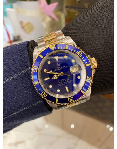 ROLEX SUBMARINER DATE HALF 18K 750 YELLOW GOLD REF 16613 BLUE DIAL 40MM AUTOMATIC WATCH