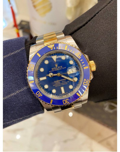 (UNUSED) 2019 ROLEX SUBMARINER DATE HALF 18K 750 YELLOW GOLD REF 116613LB BLUE DIAL 40MM AUTOMATIC WATCH -FULL SET-