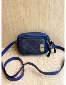 COACH MINI EDGE DOUBLE ZIPPED CROSSBODY BAG IN BLACK CANVAS / BLUE LEATHER