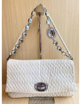 MIU MIU WHITE MATELASSE LEATHER CRYSTAL SHOULDER BAG