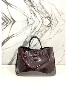 LONGCHAMP ROZO DARK BROWN PATENT LEATHER TOTE BAG