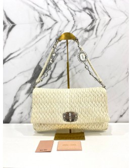 MIU MIU WHITE MATELASSE LEATHER CRYSTAL SHOULDER BAG