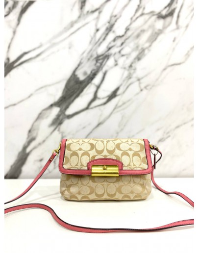 COACH WRISTLET KRISTIN BEIGE SIGNATURE CANVAS PINK LEATHER BAG