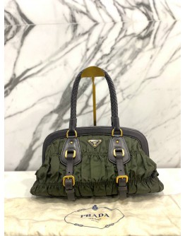 PRADA GREEN /BROWN TESSUTO GAUFRE NYLON AND LEATHER FRAMED SATCHEL BAG