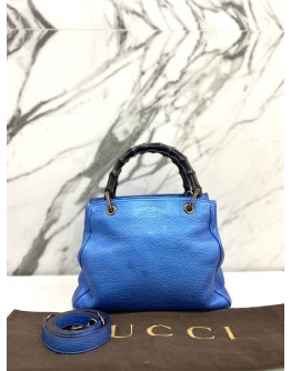 GUCCI METALLIC BLUE LEATHER BAMBOO TOP HANDLE BAG