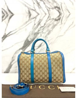 GUCCI JOY BOSTON BAG WITH STRAP IN BEIGE BLUE GG CANVAS AND CALFSKIN LEATHER