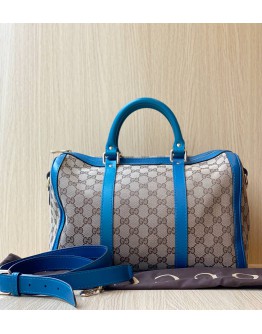 GUCCI JOY BOSTON BAG WITH STRAP IN BEIGE BLUE GG CANVAS AND CALFSKIN LEATHER 