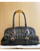  PRADA GREEN /BROWN TESSUTO GAUFRE NYLON AND LEATHER FRAMED SATCHEL BAG