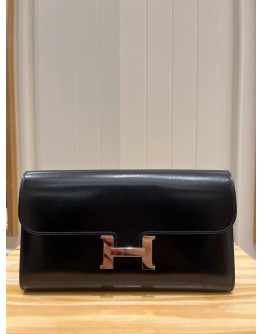 HERMES CONSTANCE TO GO LONG CLUTCH / WALLET IN BLACK BOX CALFSKIN LEATHER STAMP D PHW -FULL SET-