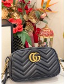 (LIKE NEW) GUCCI GG MARMONT SMALL CROSSBODY BAG BLACK MATELASSE CHEVRON LEATHER WITH GOLD GG LOGO -FULL SET-