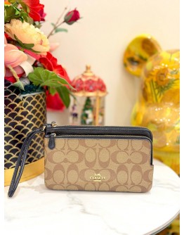 COACH DOUBLE ZIP WALLET IN DARK BROWN CANVAS 