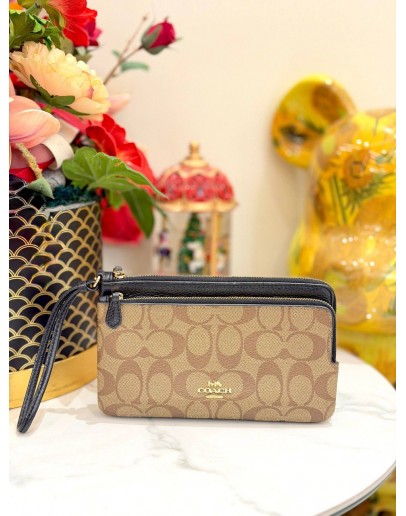 COACH DOUBLE ZIP WALLET IN DARK BROWN CANVAS 