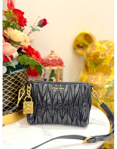 MIU MIU NAPPA MATELASSE LUX SHOULDER BAG IN BLACK LEATHER WITH GOLD TONED HARDWARE